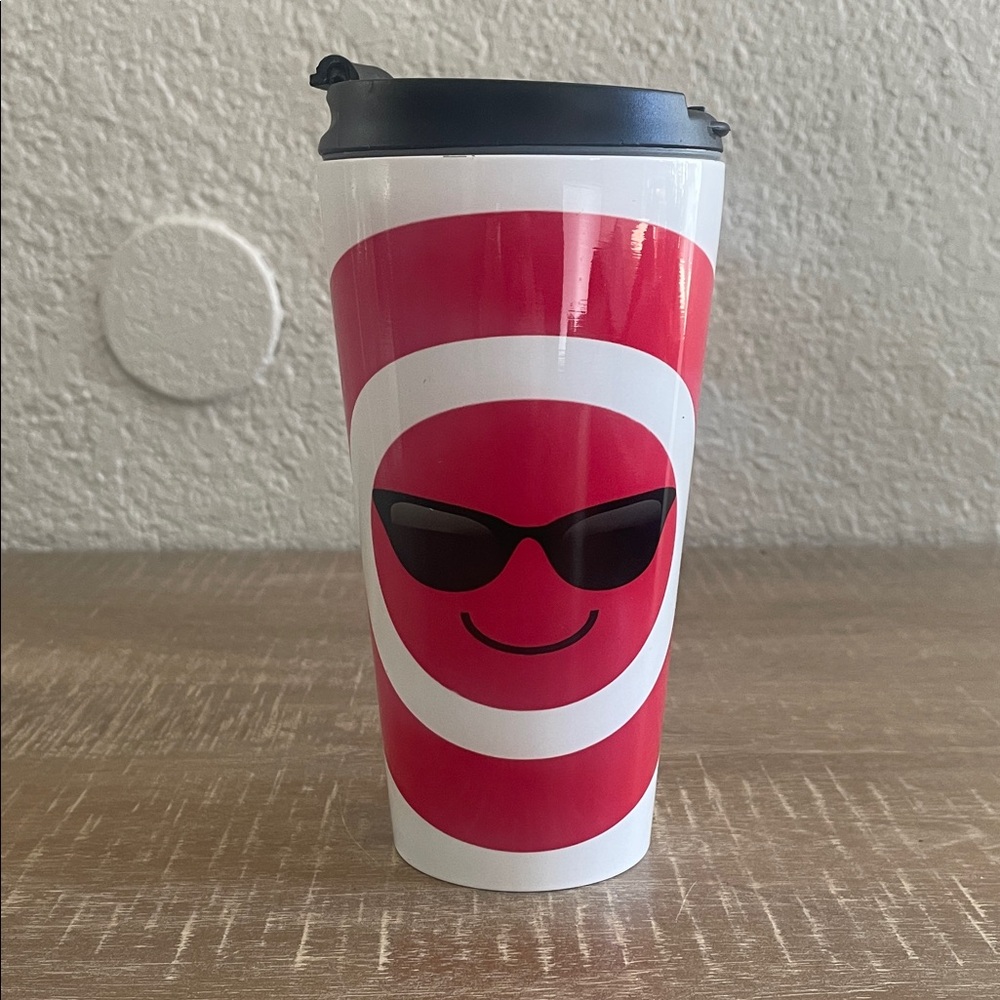 Travel Coffee Beverage Mug w/ Red Bullseye Happy Face with Sunglasses Image